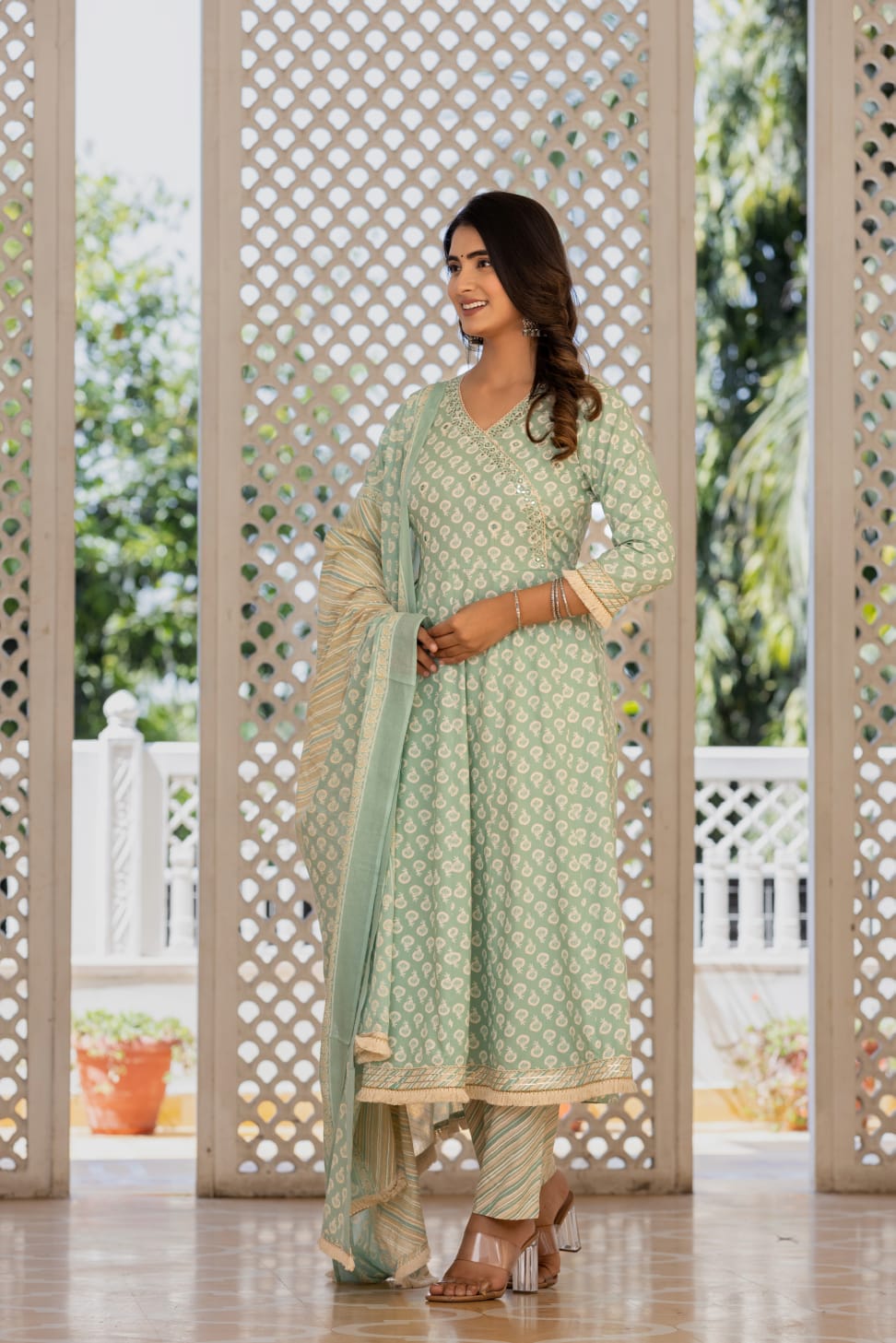 Pista Green Kalidar Kurta Pant Set With Printed Mal Duppatta