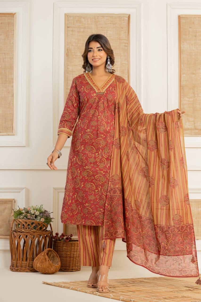 Maroon Kurta pant set with printed Mal Duppatta