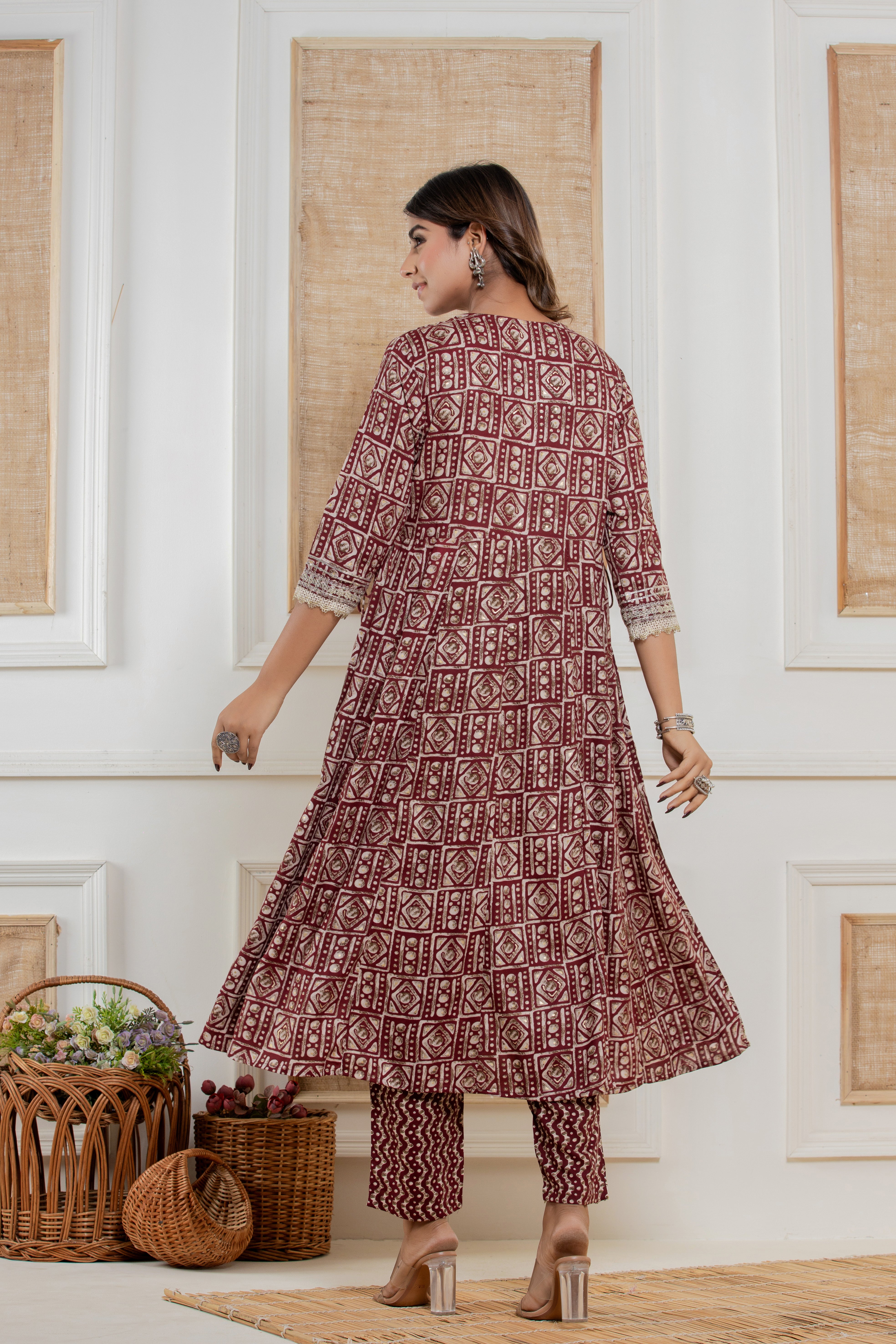 Mehroon Kalidar Kurta Pant Set With Printed Mal Duppatta