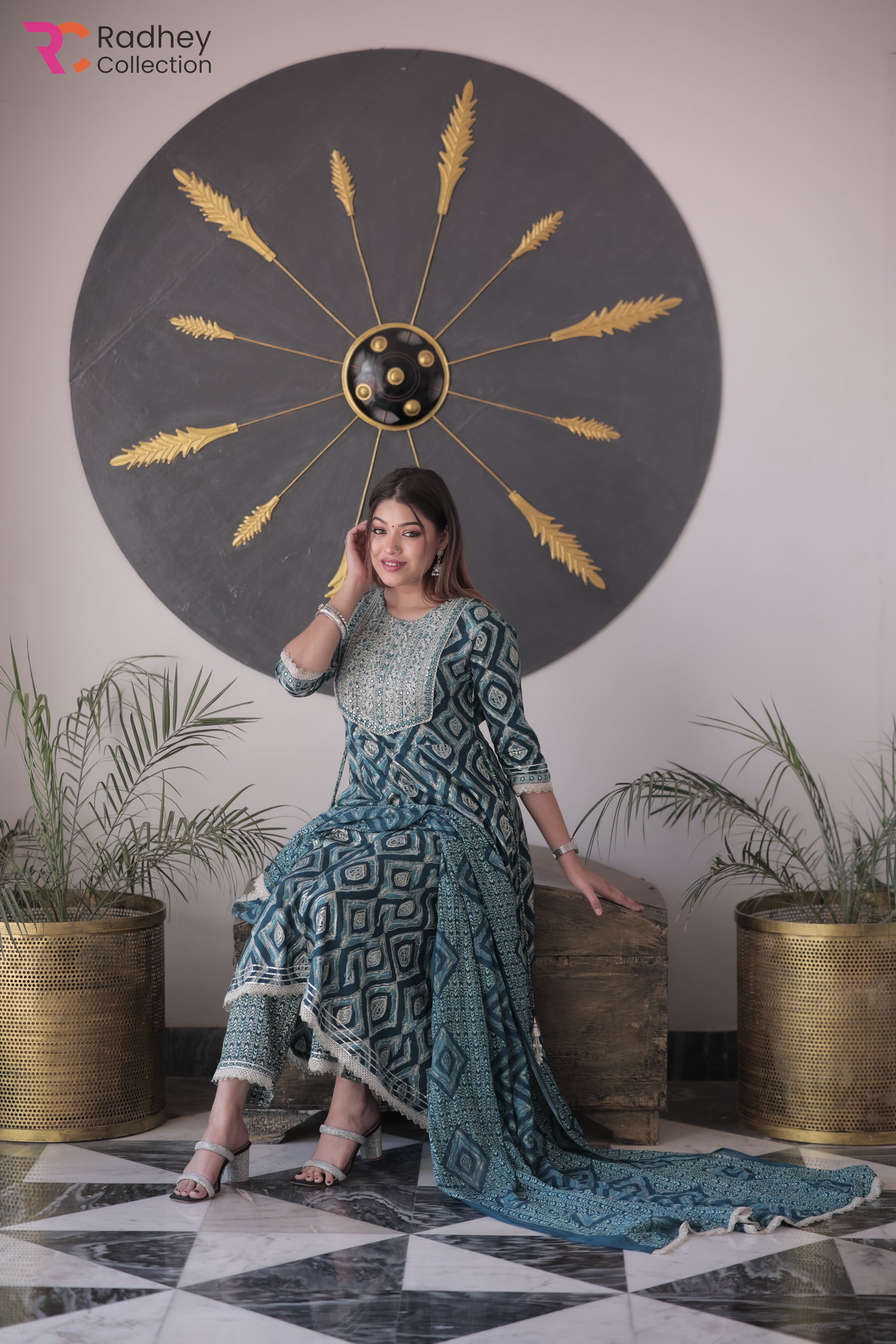 Teal Kalidar Kurta Pant Set with Printed Mal Duppatta