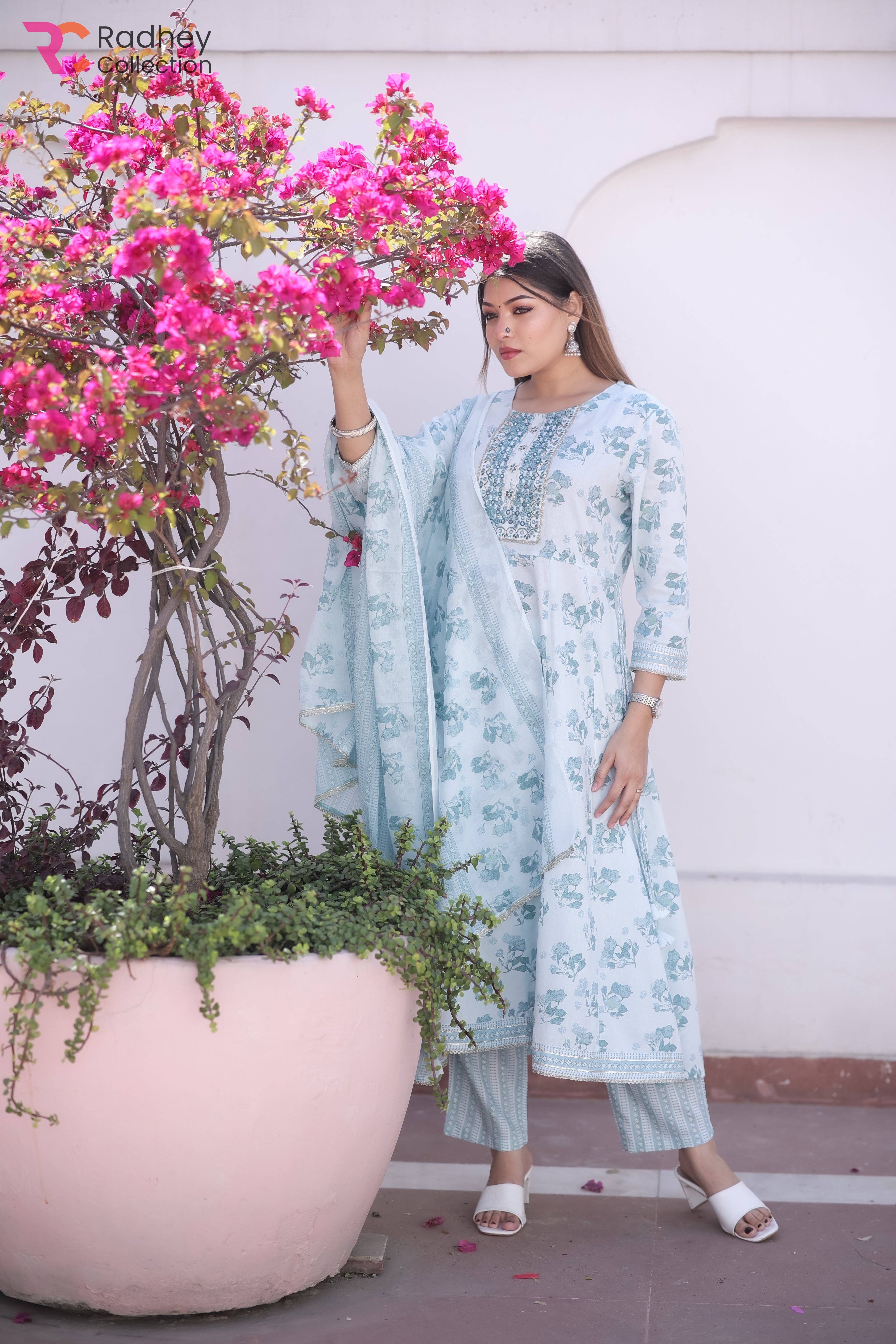 Powder Blue Print Kalidar Kurta Pant Set with Printed Mal Duppatta