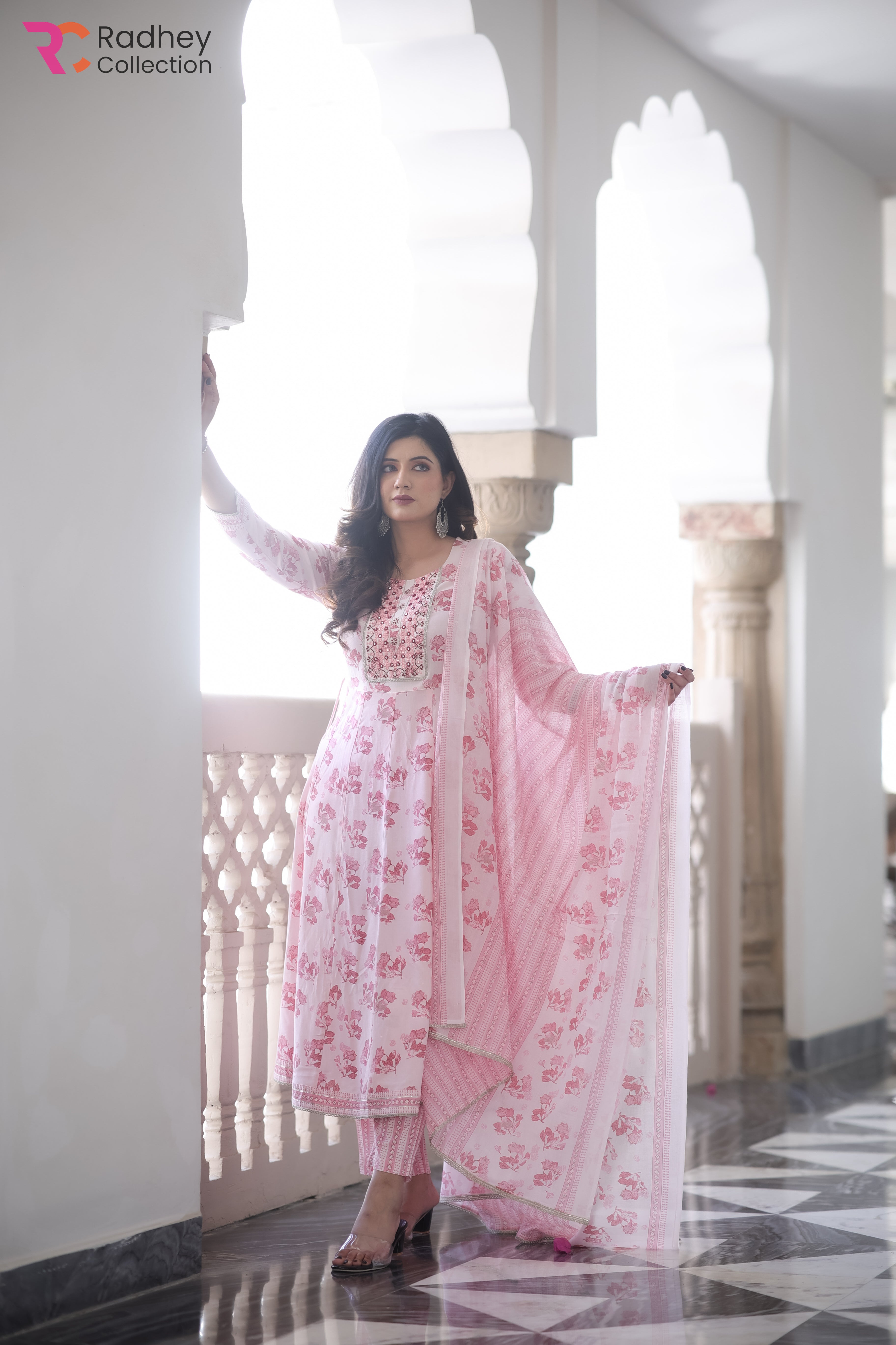 Blush Pink Kalidar Kurta Pant Set With Printed Mal Duppatta