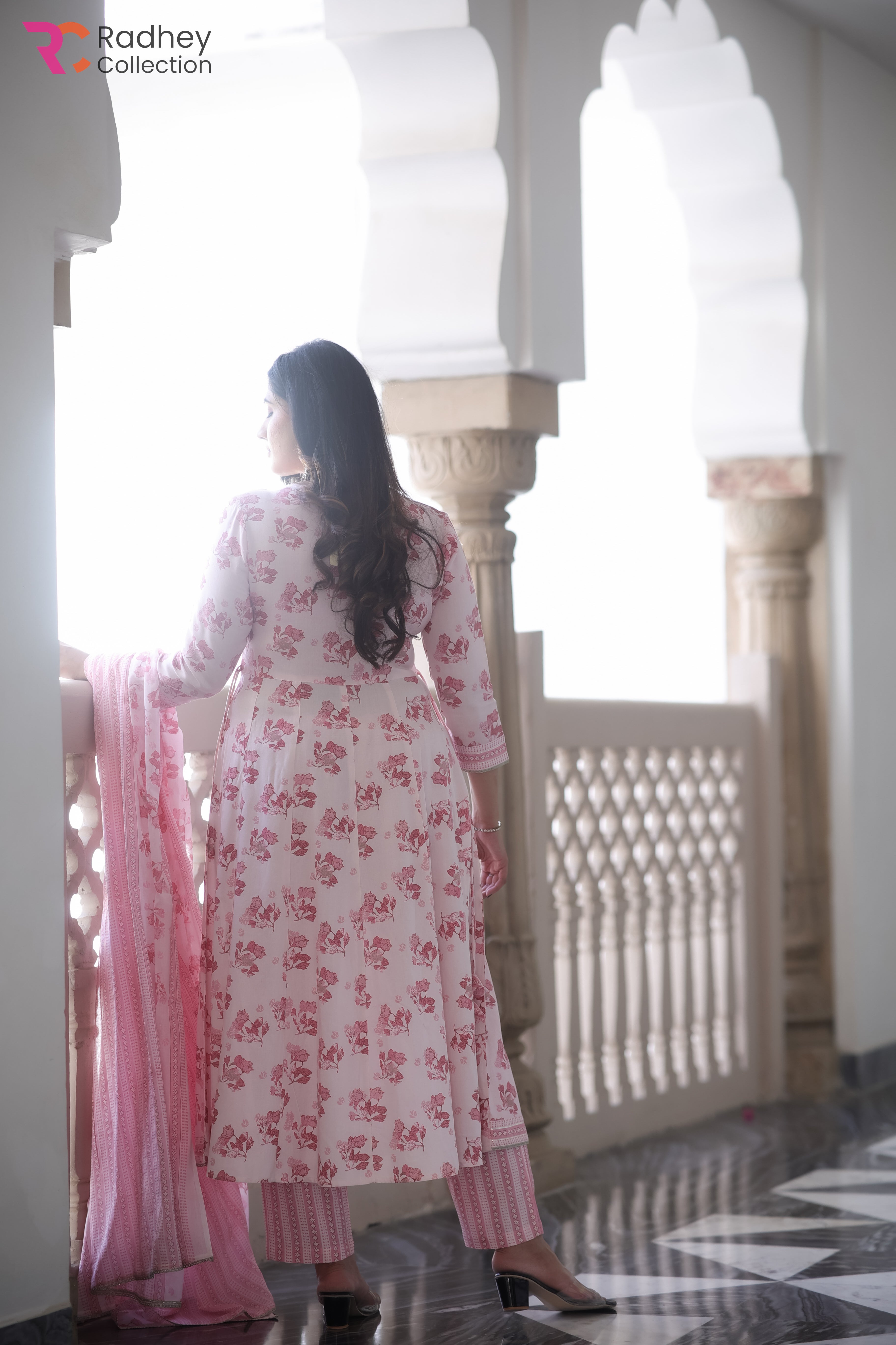 Blush Pink Kalidar Kurta Pant Set With Printed Mal Duppatta