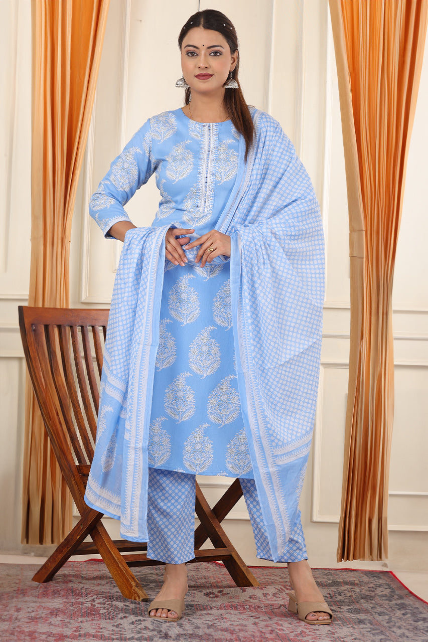 Snow blue Colour Kurta pant set with duppatta