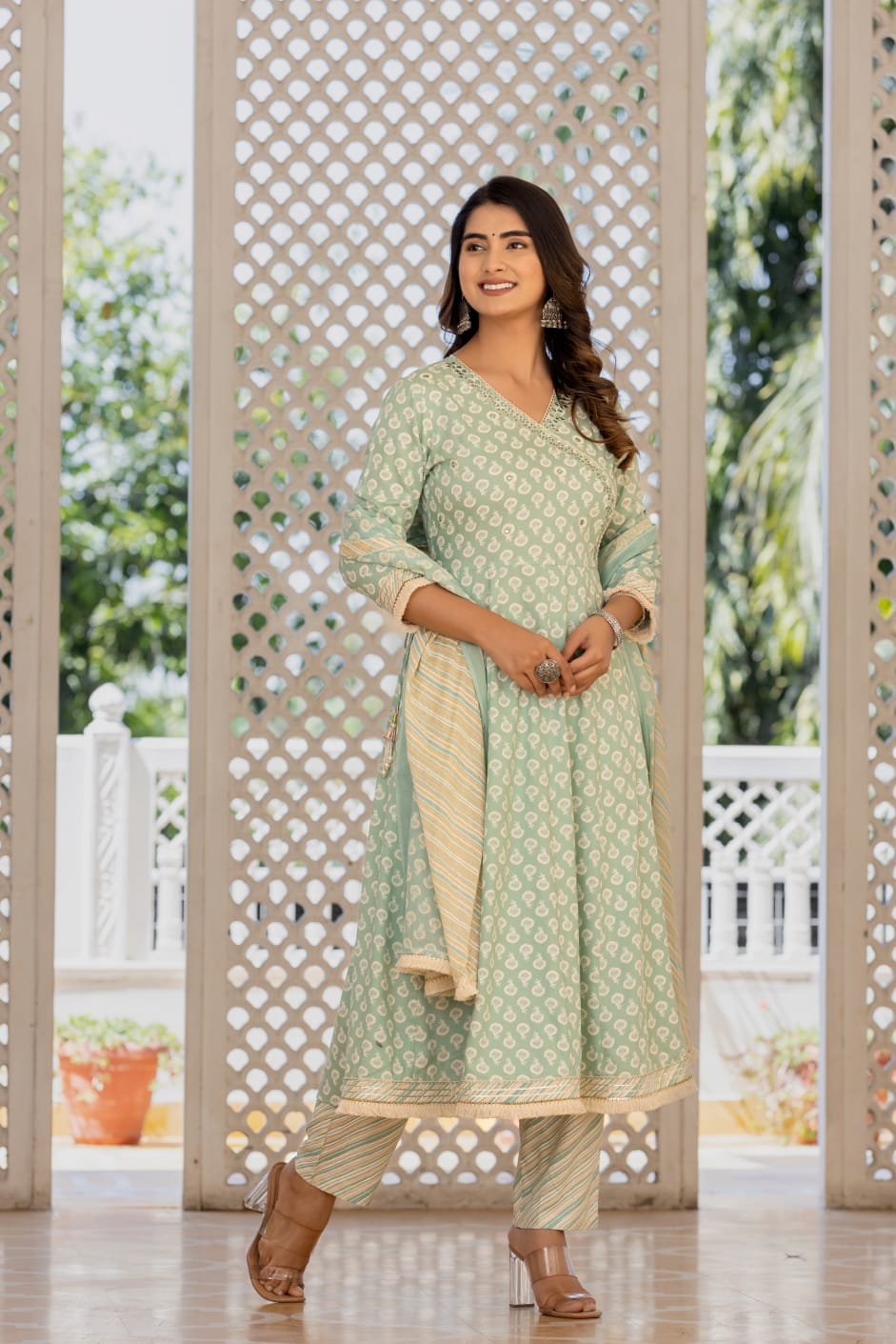 Pista Green Kalidar Kurta Pant Set With Printed Mal Duppatta