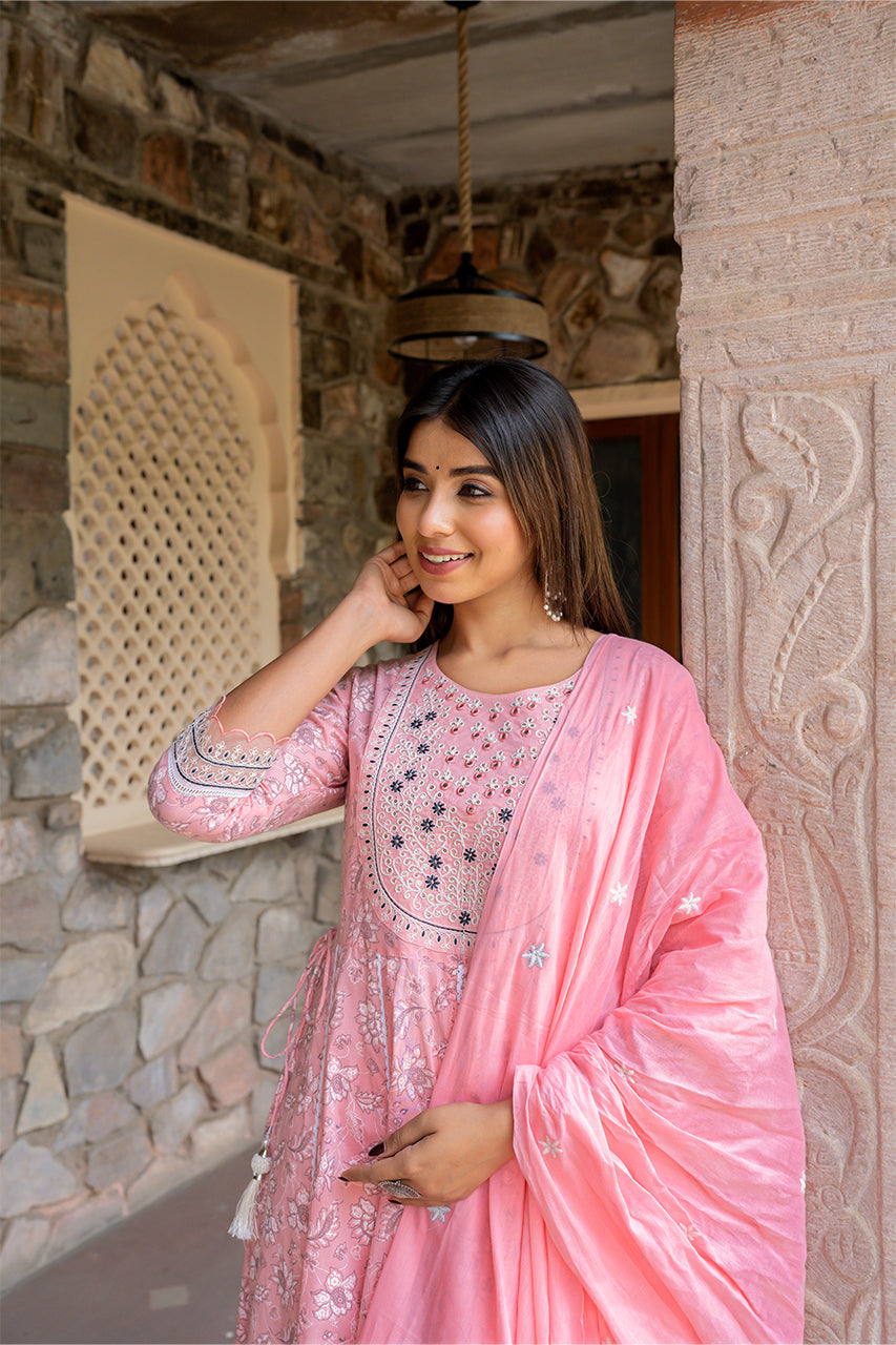 Blush pink Kurta Pant Set With Printed Dupatta