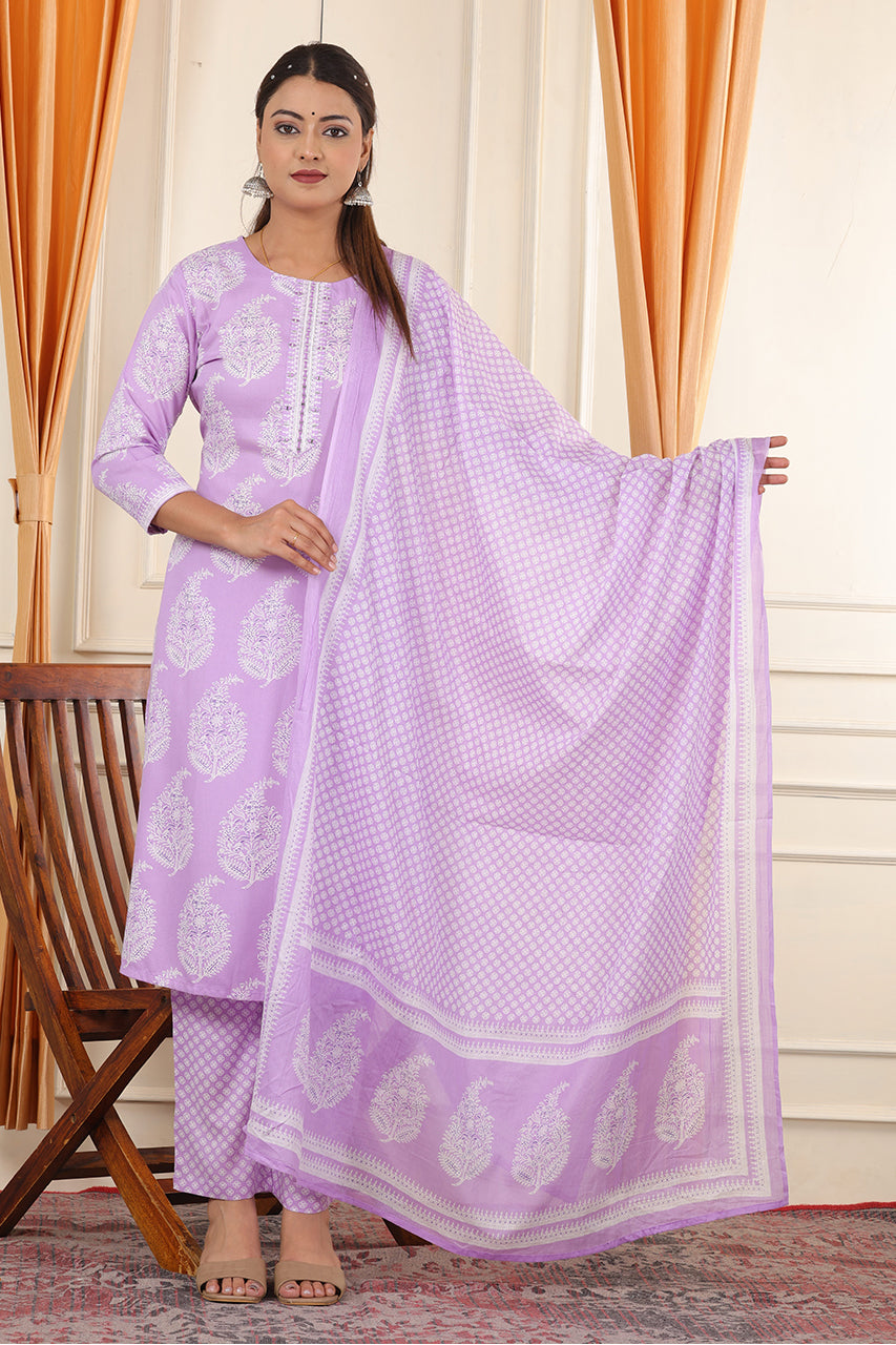 Lavender Colour Kurta pant set with printed duppatta