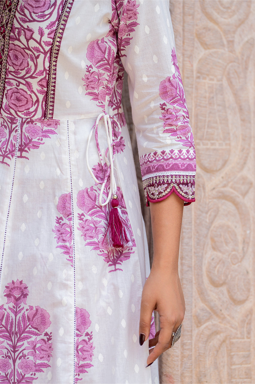 White-Lavender Kurta Pant Set with printed duppatta