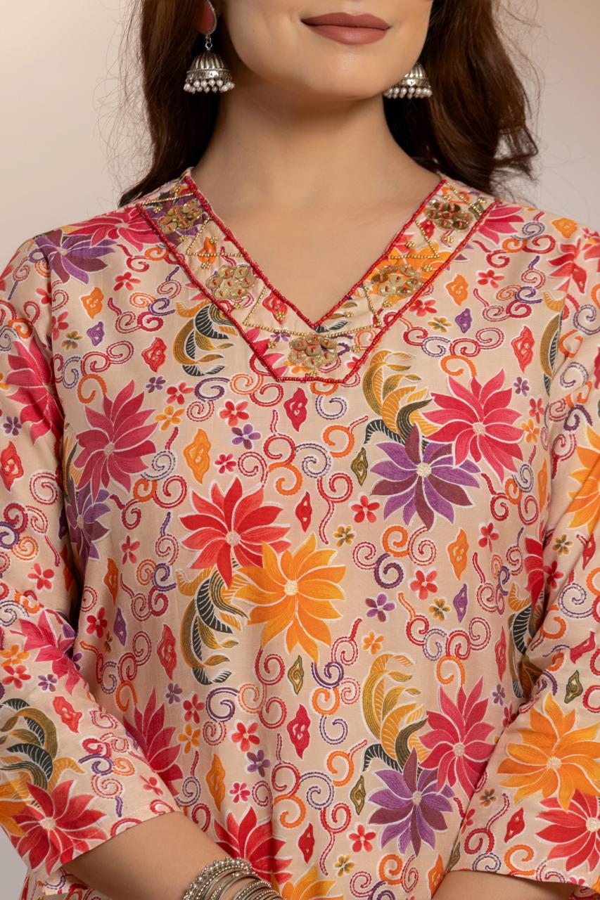 Multicolour Printed chanderi kurta set with duppata