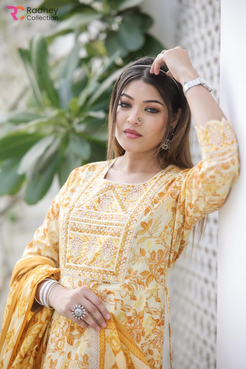 Yellow Kurta Pant Set with Printed Duppatta