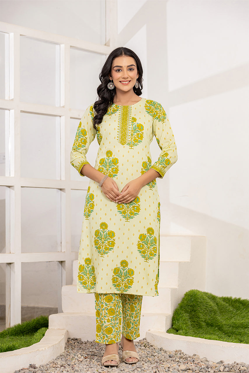 Lime green colour kurta pant set with printed duppatta