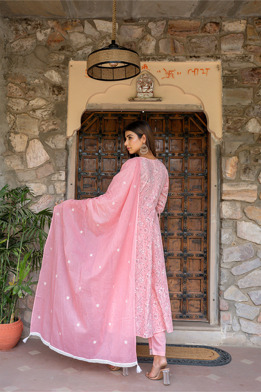 Blush pink Kurta Pant Set With Printed Dupatta