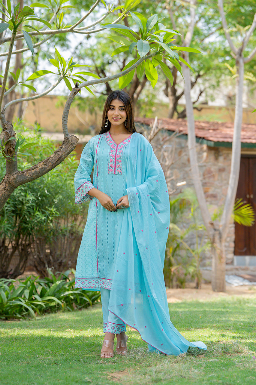 Celeste Blue Kurta Pant Set With Printed Duppatta