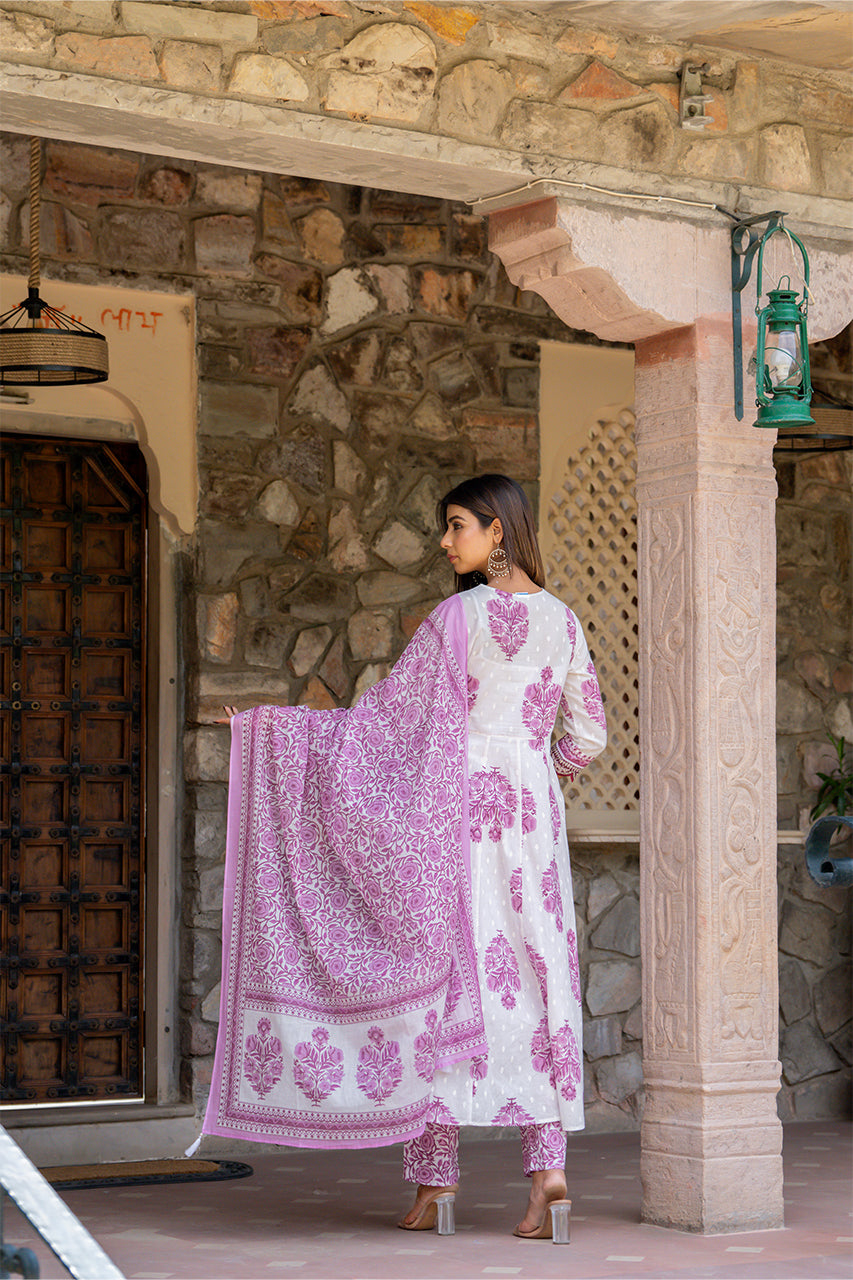 White-Lavender Kurta Pant Set with printed duppatta