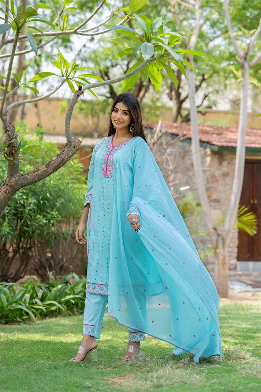 Celeste Blue Kurta Pant Set With Printed Duppatta