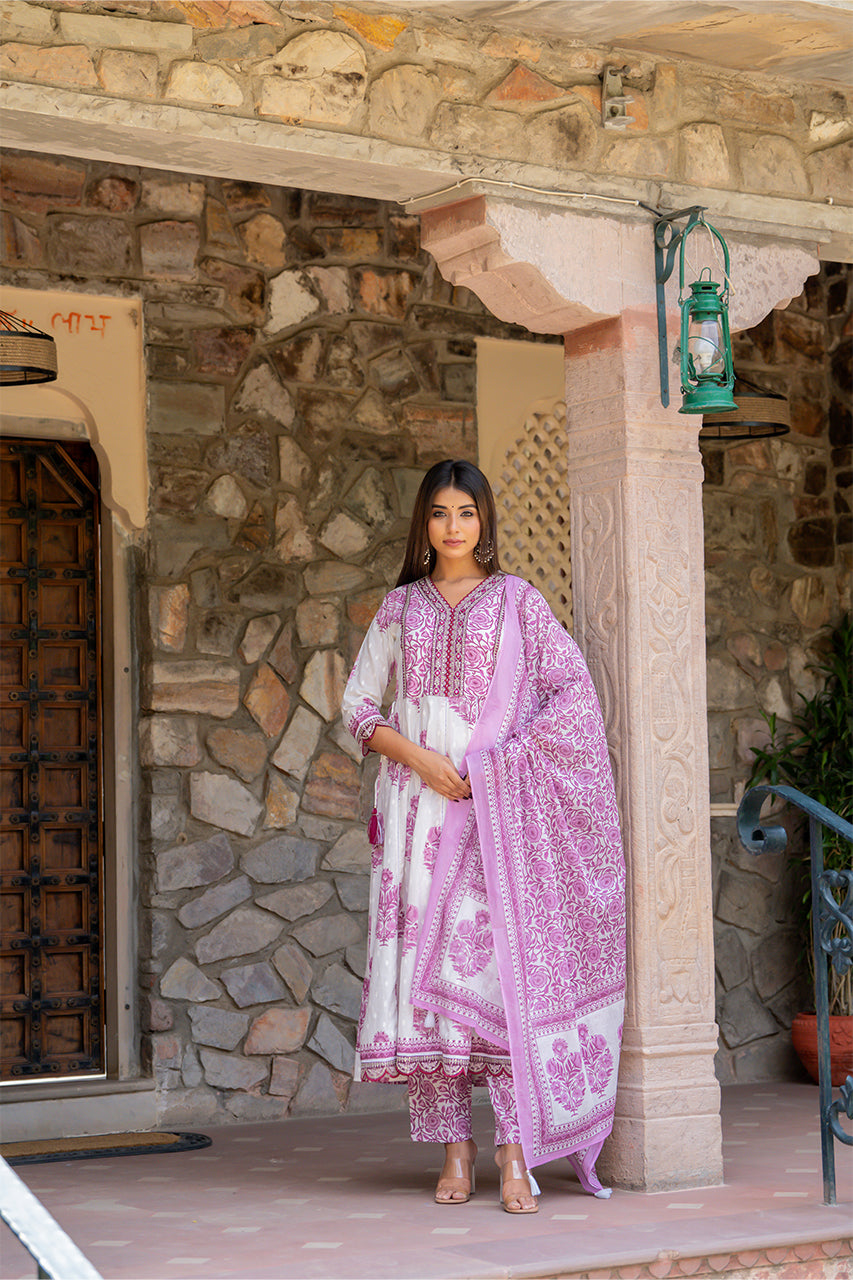 White-Lavender Kurta Pant Set with printed duppatta