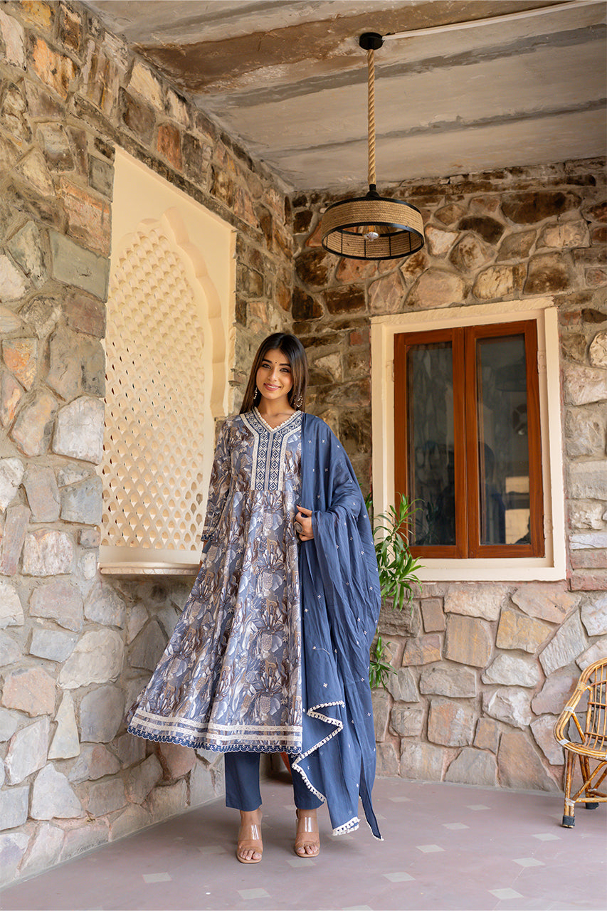 Blue Kurta Pant Set With Printed Duppatta