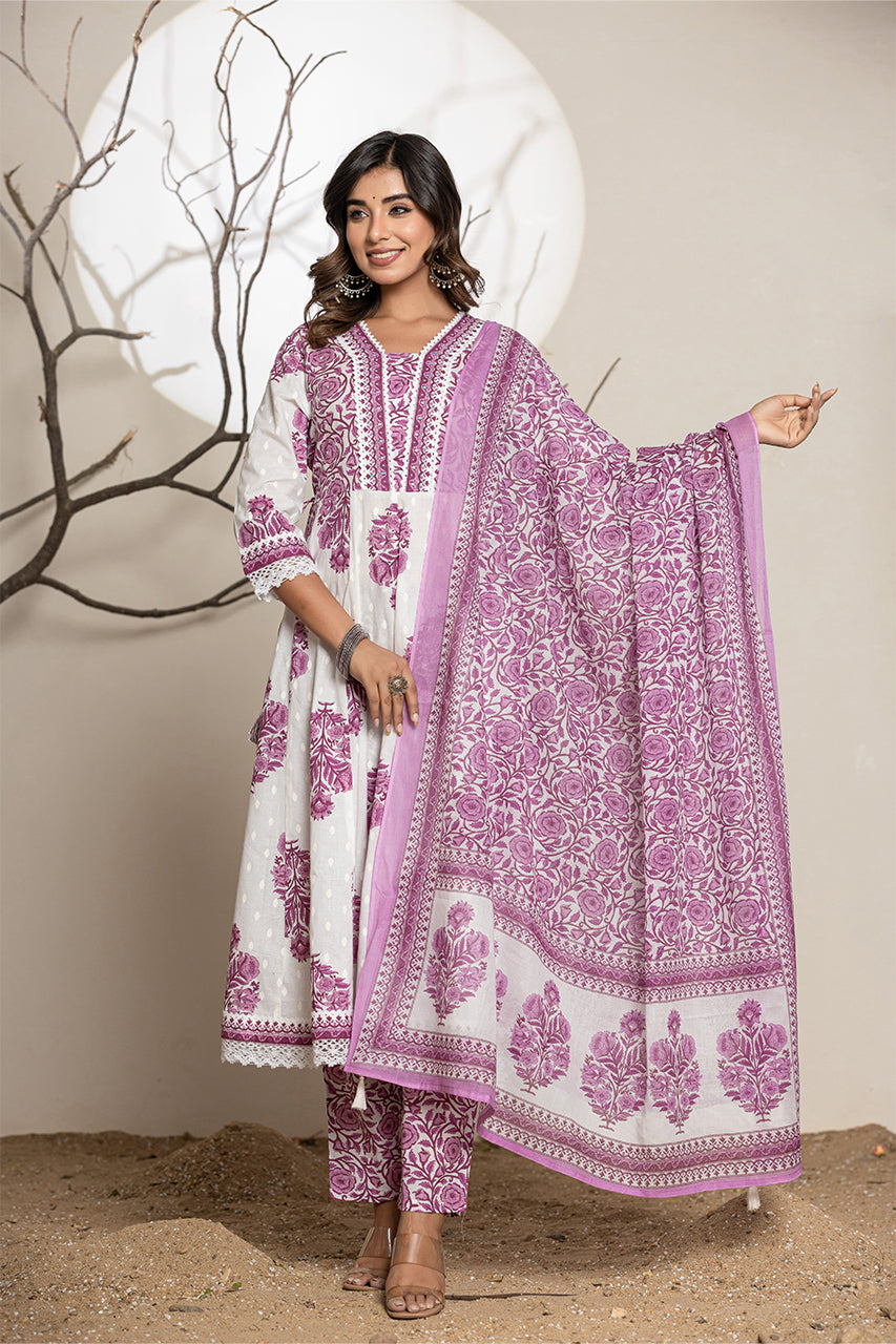 Purple Kurta Pant Set With Printed Duppatta