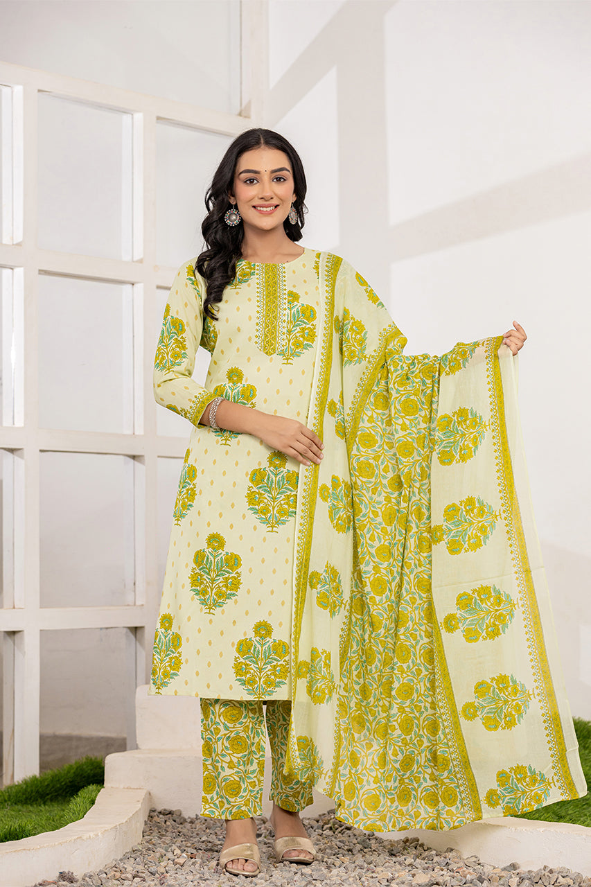 Lime green colour kurta pant set with printed duppatta