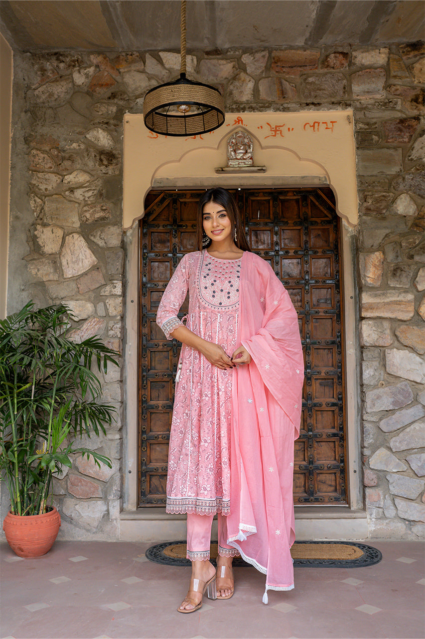 Blush pink Kurta Pant Set With Printed Dupatta