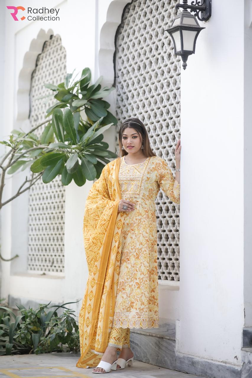 Yellow Kurta Pant Set with Printed Duppatta