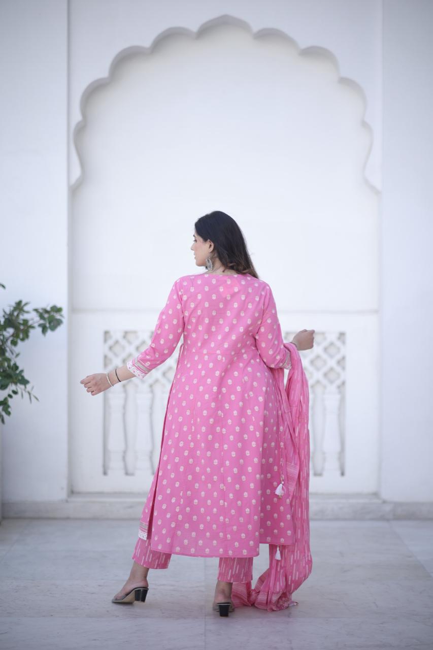 Pink Kurta Pant Set With Printed Duppatta