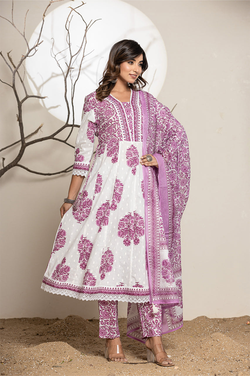 Purple Kurta Pant Set With Printed Duppatta