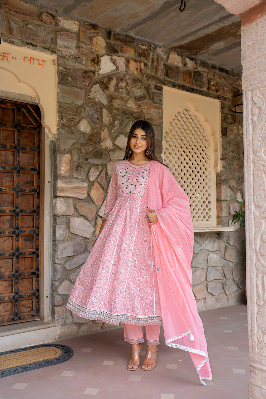 Blush pink Kurta Pant Set With Printed Dupatta