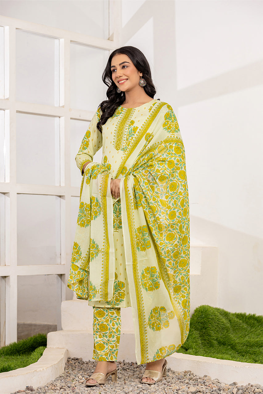 Lime green colour kurta pant set with printed duppatta