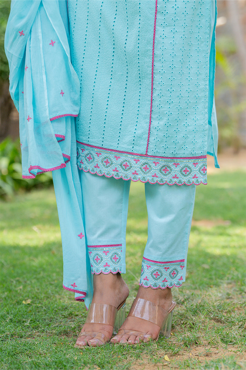 Celeste Blue Kurta Pant Set With Printed Duppatta