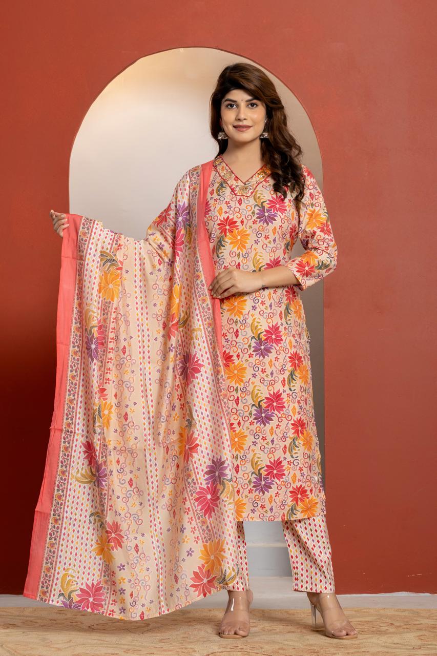 Multicolour Printed chanderi kurta set with duppata