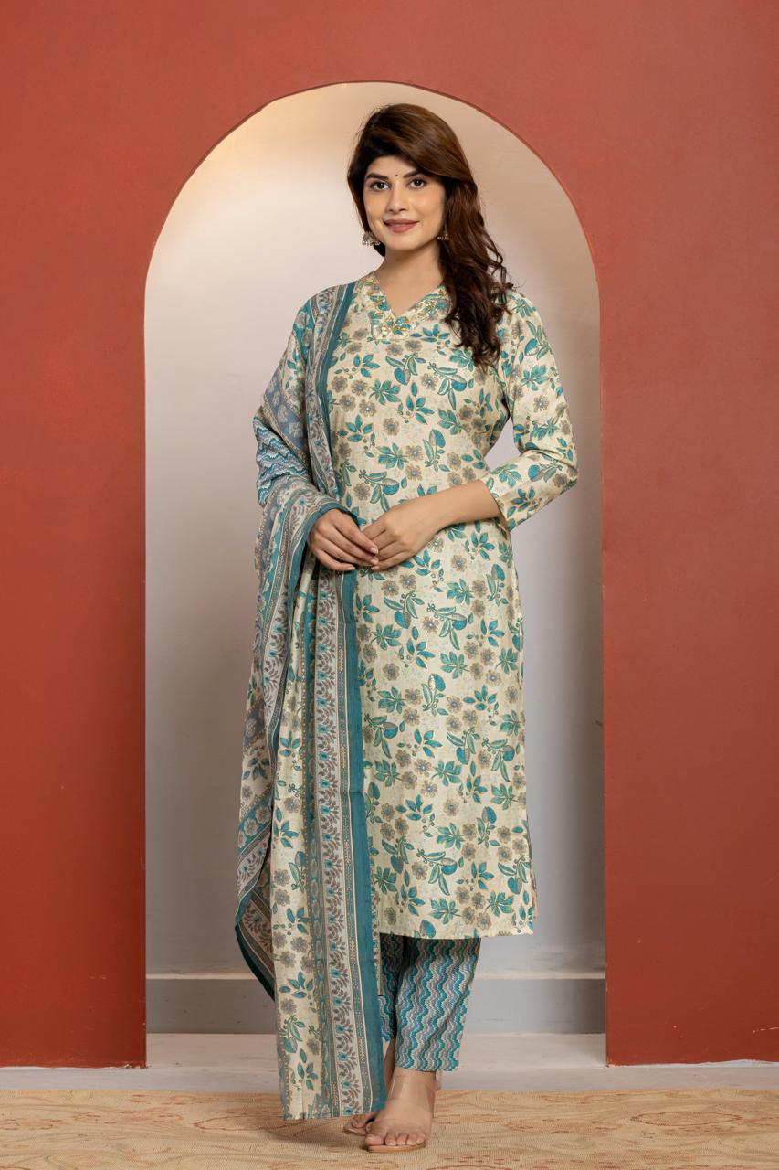 Multicolour Printed chanderi kurta set with duppata