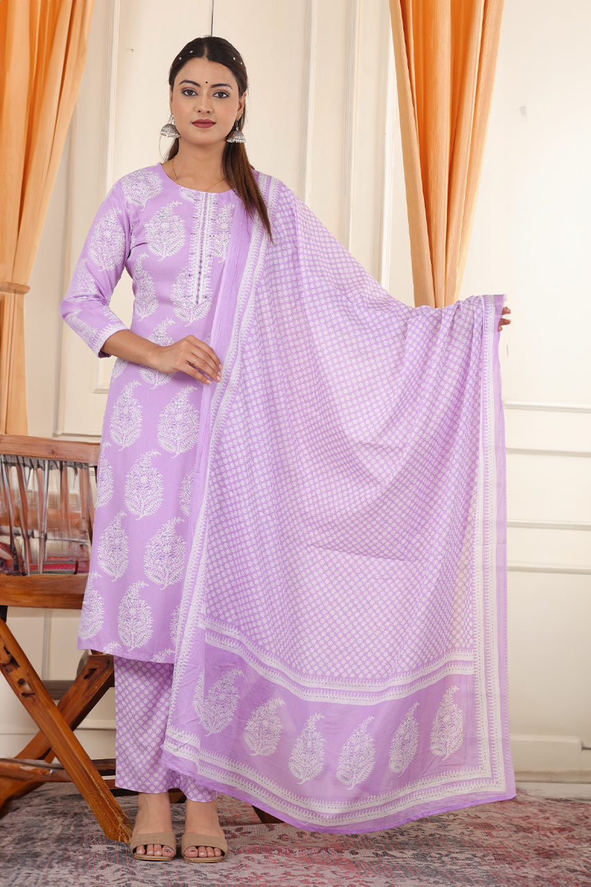 Lavender Colour Kurta pant set with printed duppatta