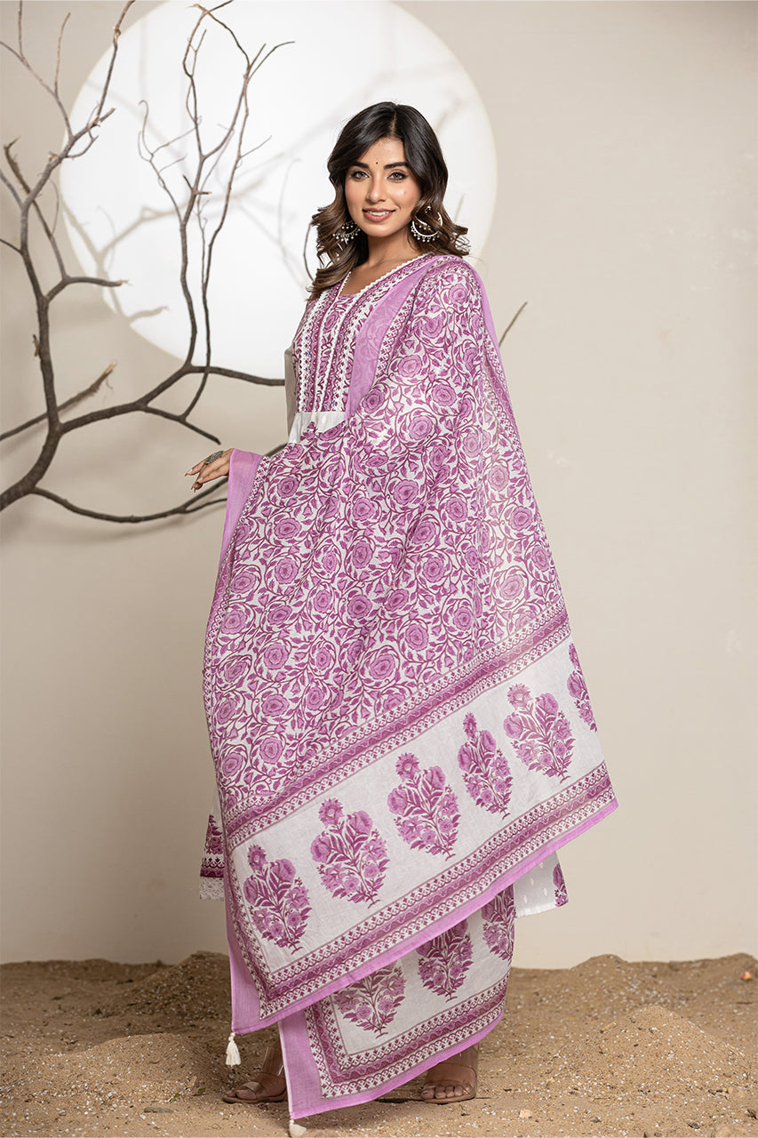 Purple Kurta Pant Set With Printed Duppatta