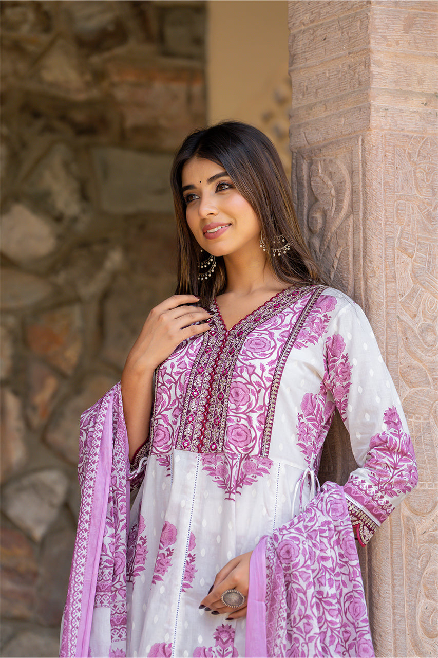 White-Lavender Kurta Pant Set with printed duppatta