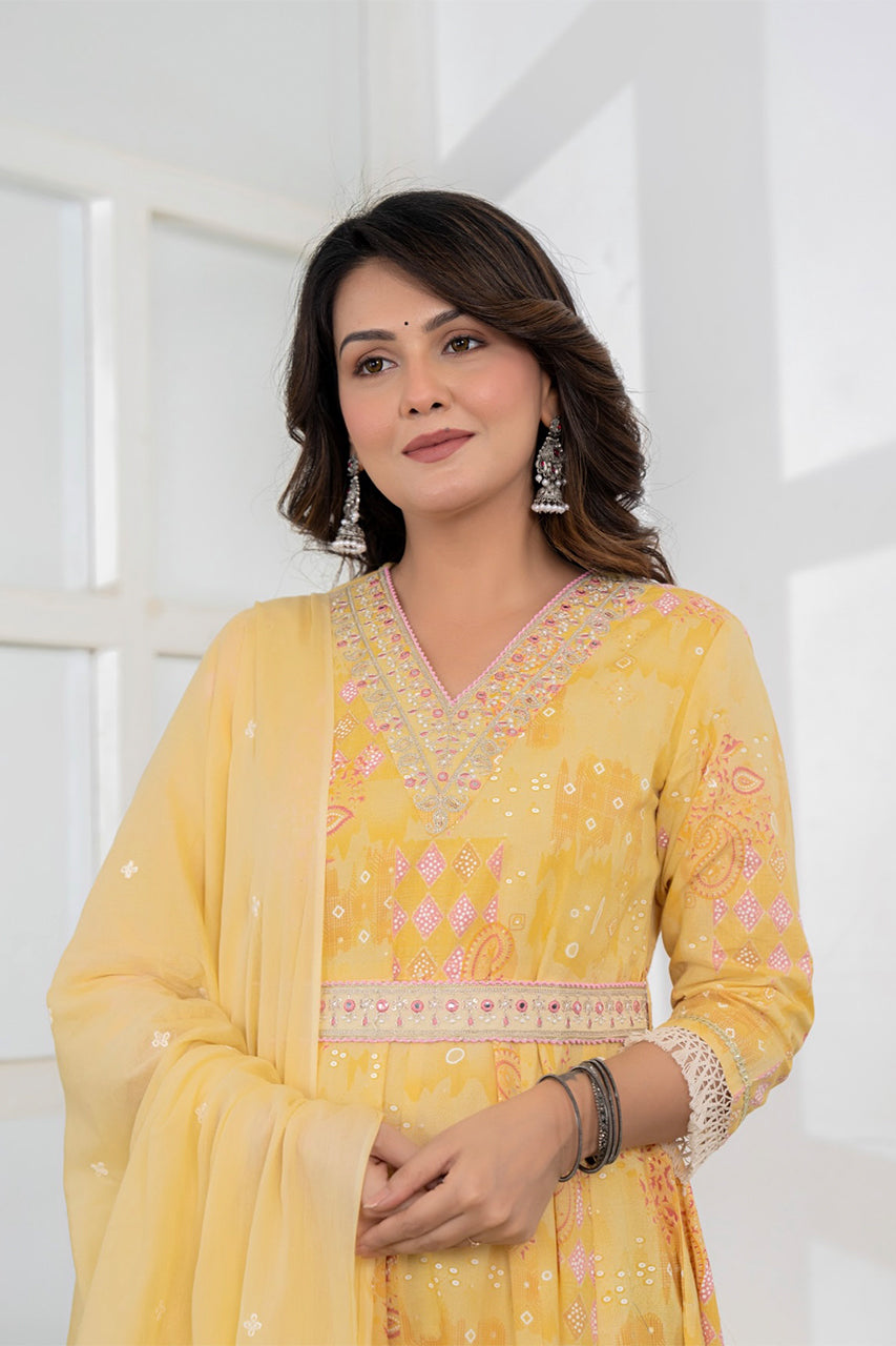 Yellow colour kurta pant set with duppatta