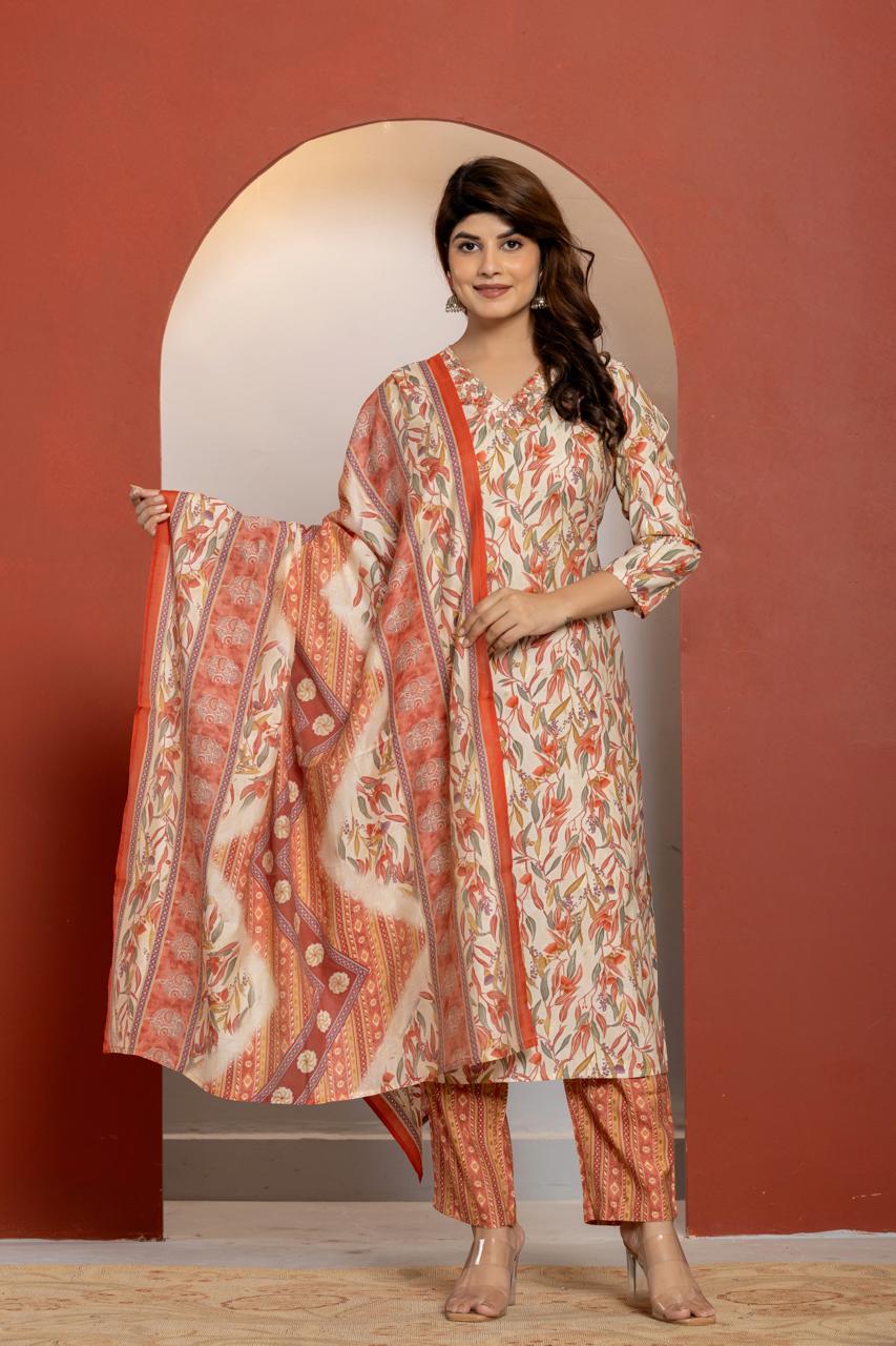 Multicolour Printed chanderi kurta set with duppata