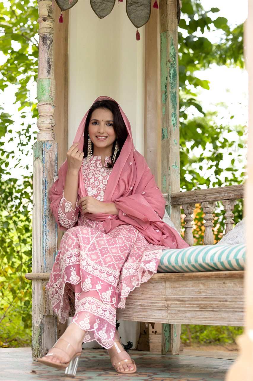 Pink colour kurta pant set with duppatta