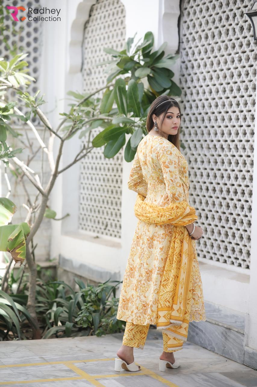 Yellow Kurta Pant Set with Printed Duppatta