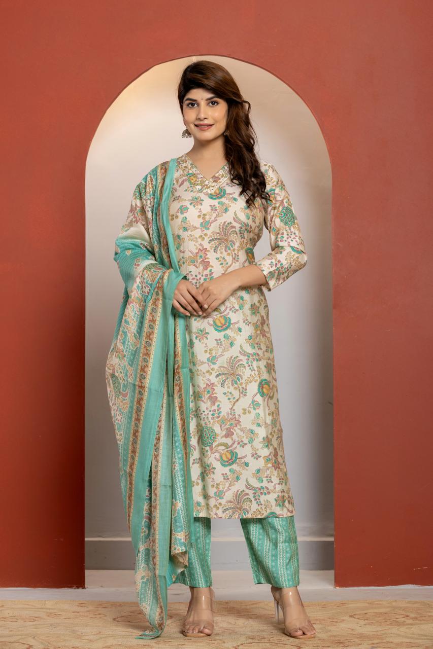 Multicolour Printed chanderi kurta set with duppata