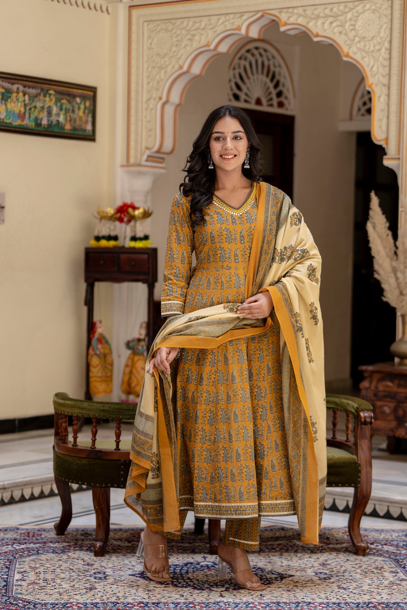 Yellow Kurta Pant Set With Printed Duppatta.