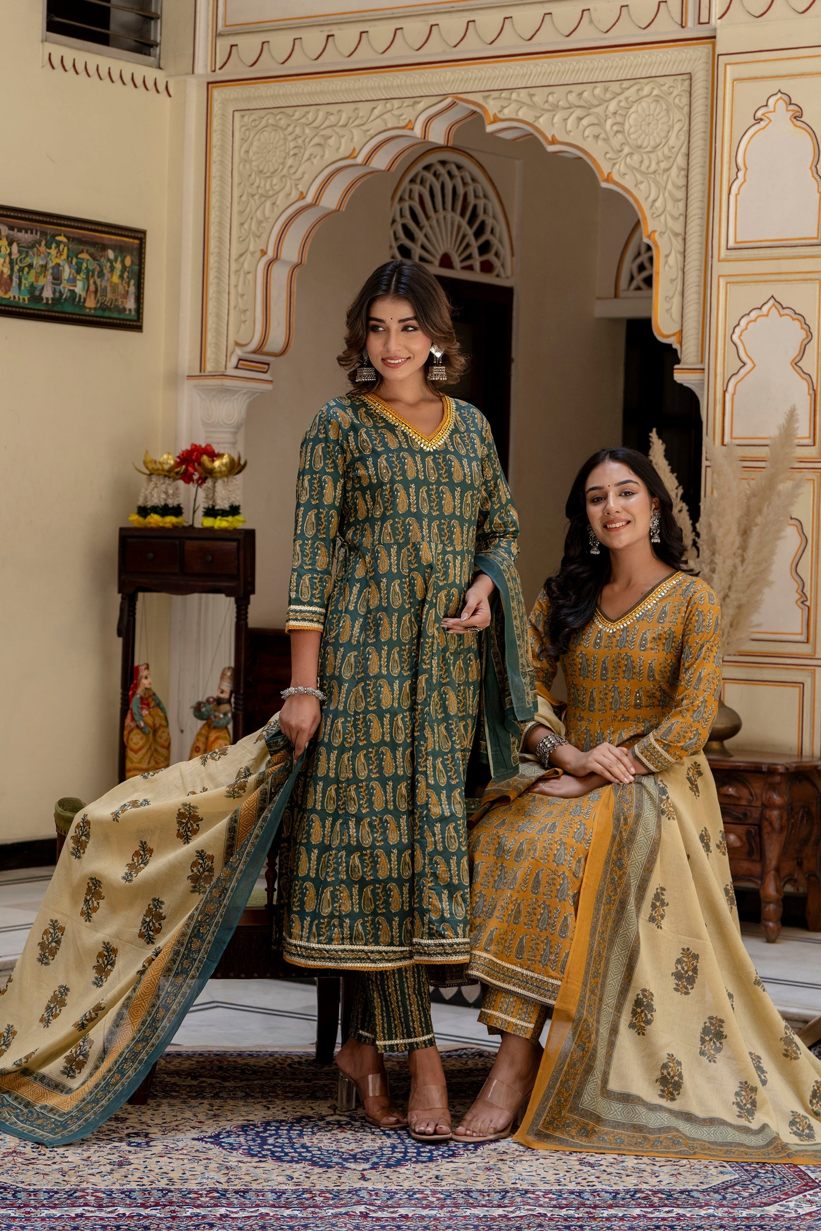 Green Kurta Pant Set With Printed Duppatta