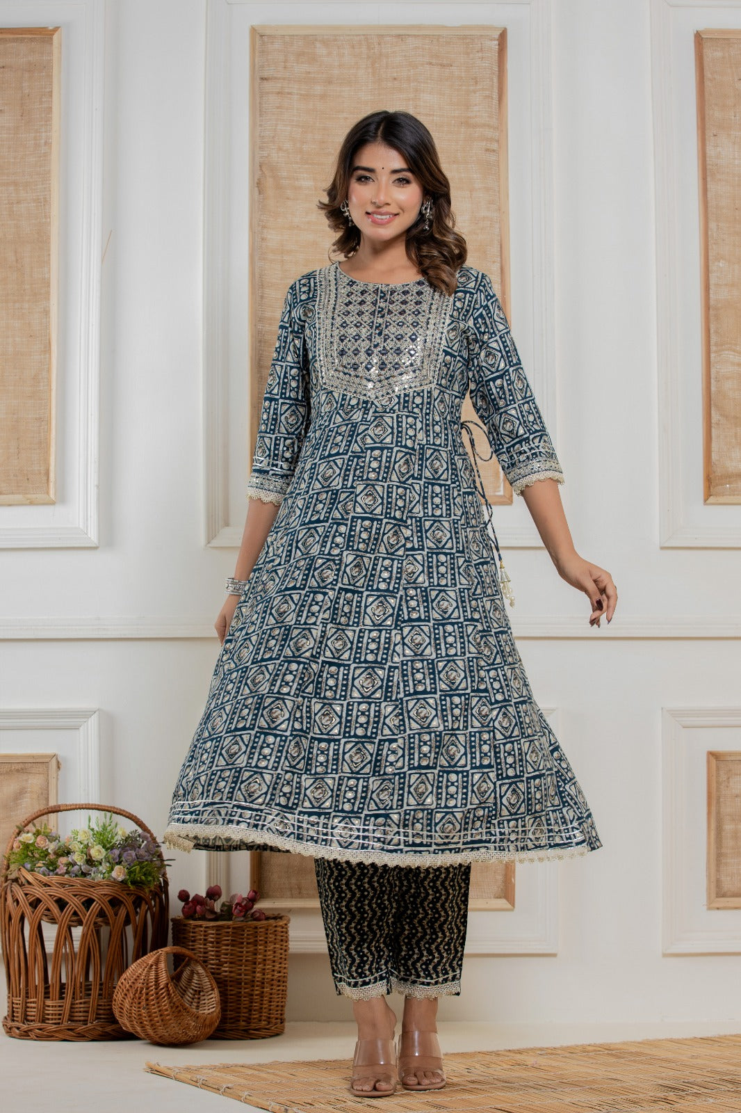 Blue Kalidar Kurta Pant Set With Printed Mal Duppatta