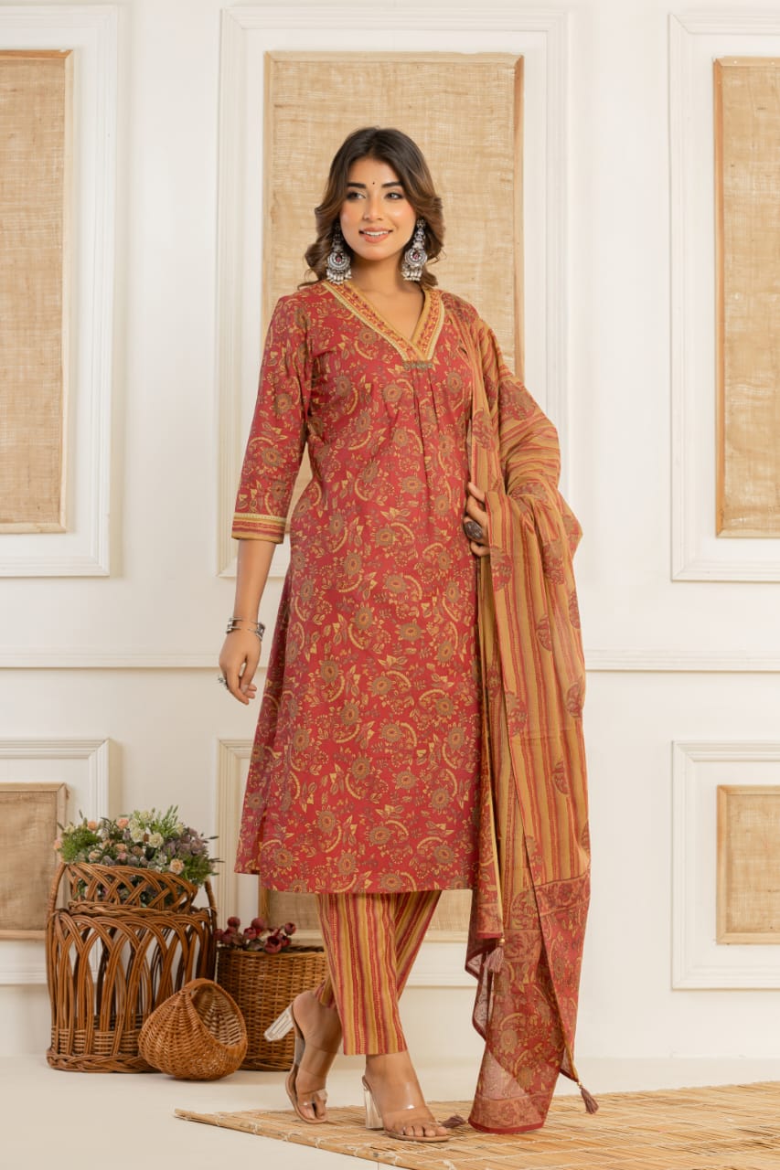 Maroon Kurta pant set with printed Mal Duppatta