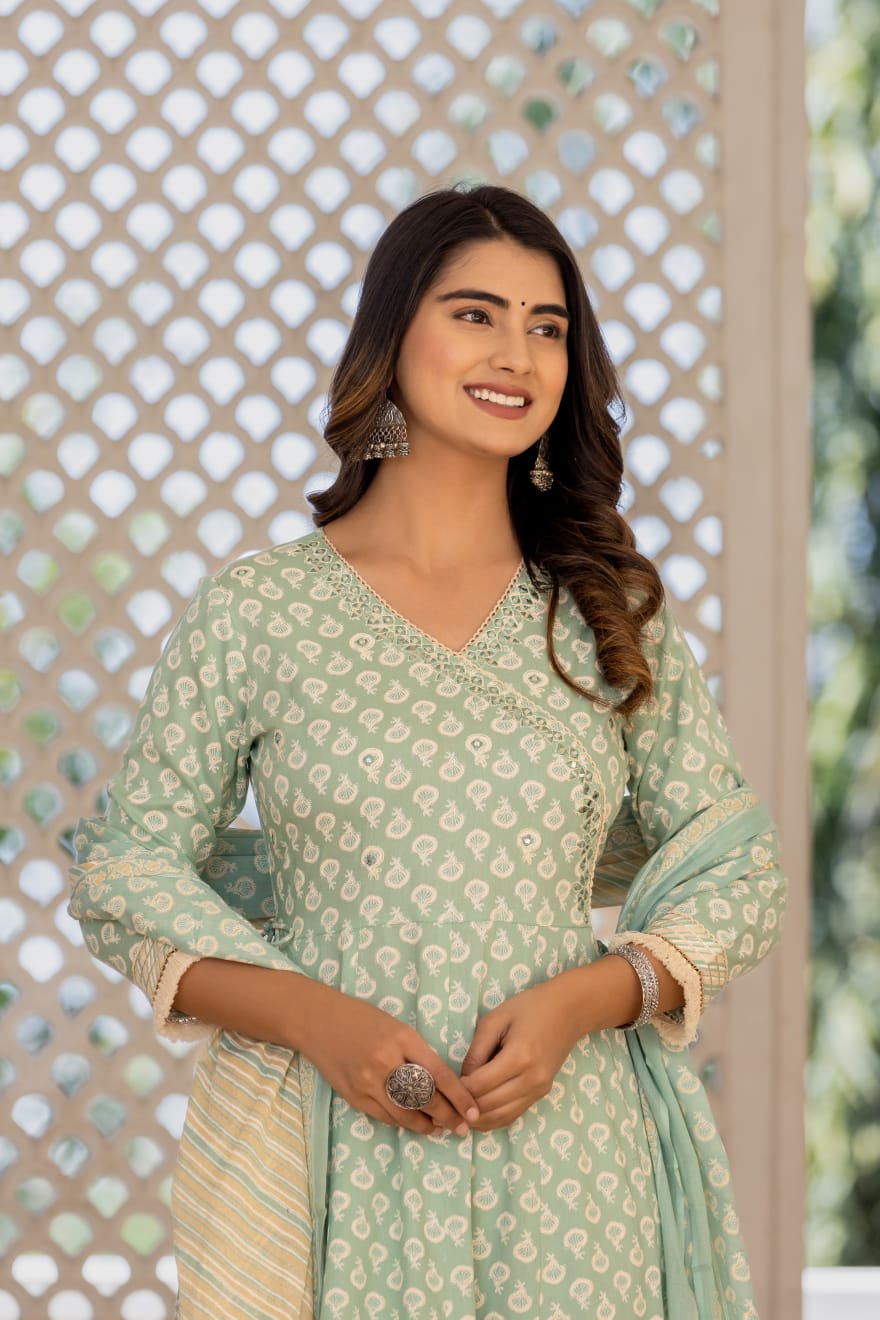 Pista Green Kalidar Kurta Pant Set With Printed Mal Duppatta